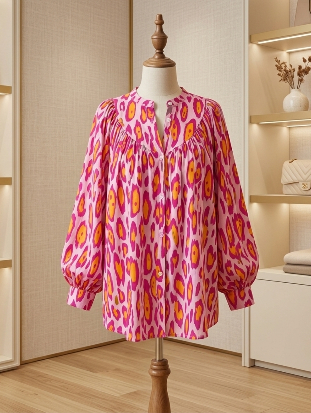 Lovesoft Rose Red Oversized Leopard Print Balloon Sleeve Casual Shirt Sz Sm